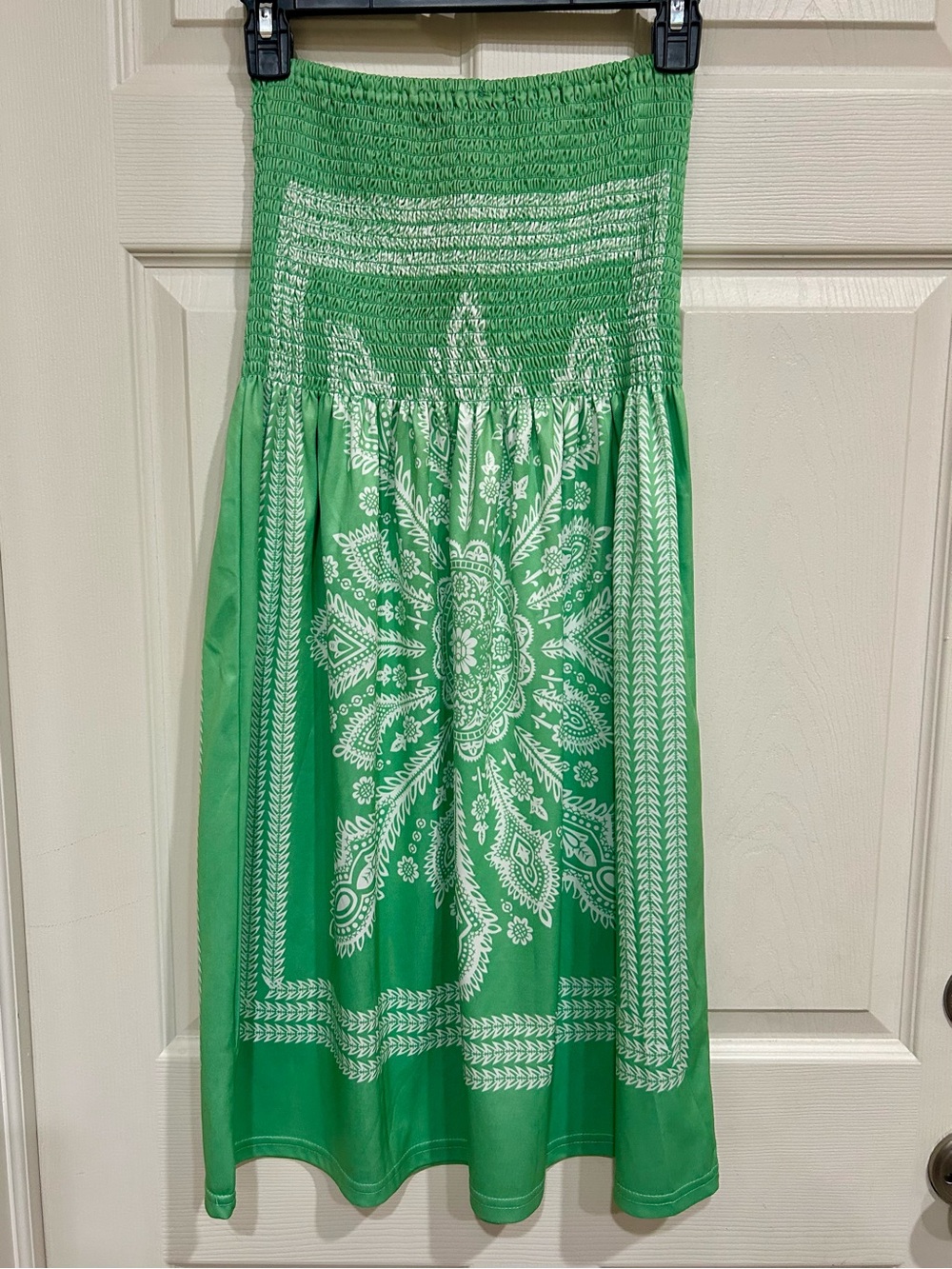 Venus strapless swimsuit coverup dress, green/white ornate medallion print